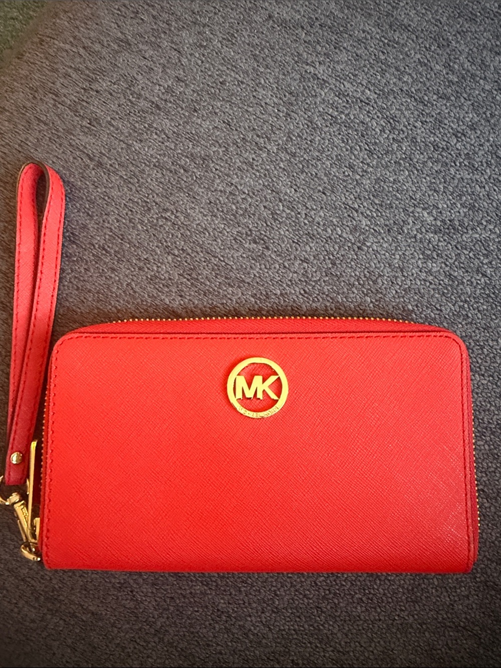 Michael Kors Bright Red Saffiano Wristlet Wallet with Gold Logo